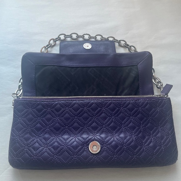 Karen Millen Leather Purple Quilted Clutch Logo Chain Cocktail Shoulder Bag - Picture 6 of 12